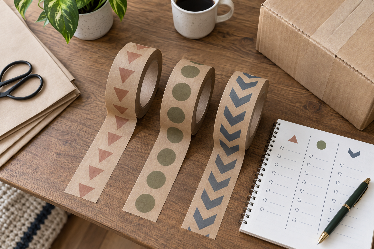 Three printed kraft tape samples beside a supplier comparison notebook and corrugated carton