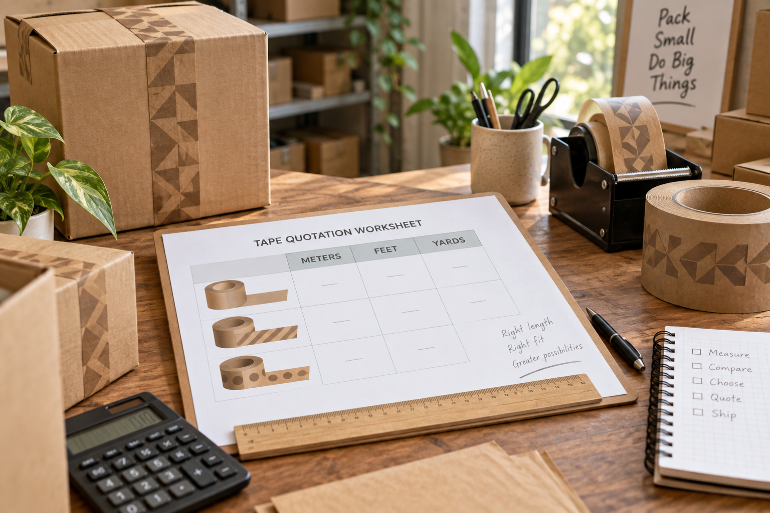 Tape quotation worksheet comparing meters, feet and yards beside a ruler