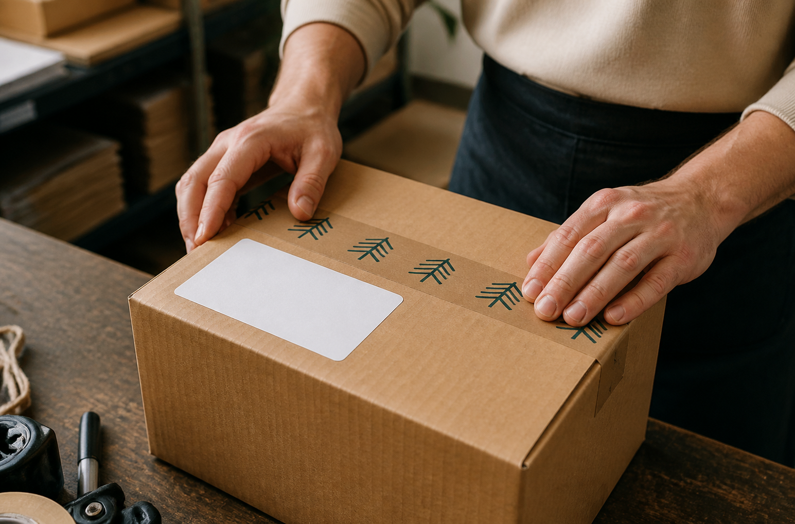 Custom box tape and printed shipping label used on the same carton