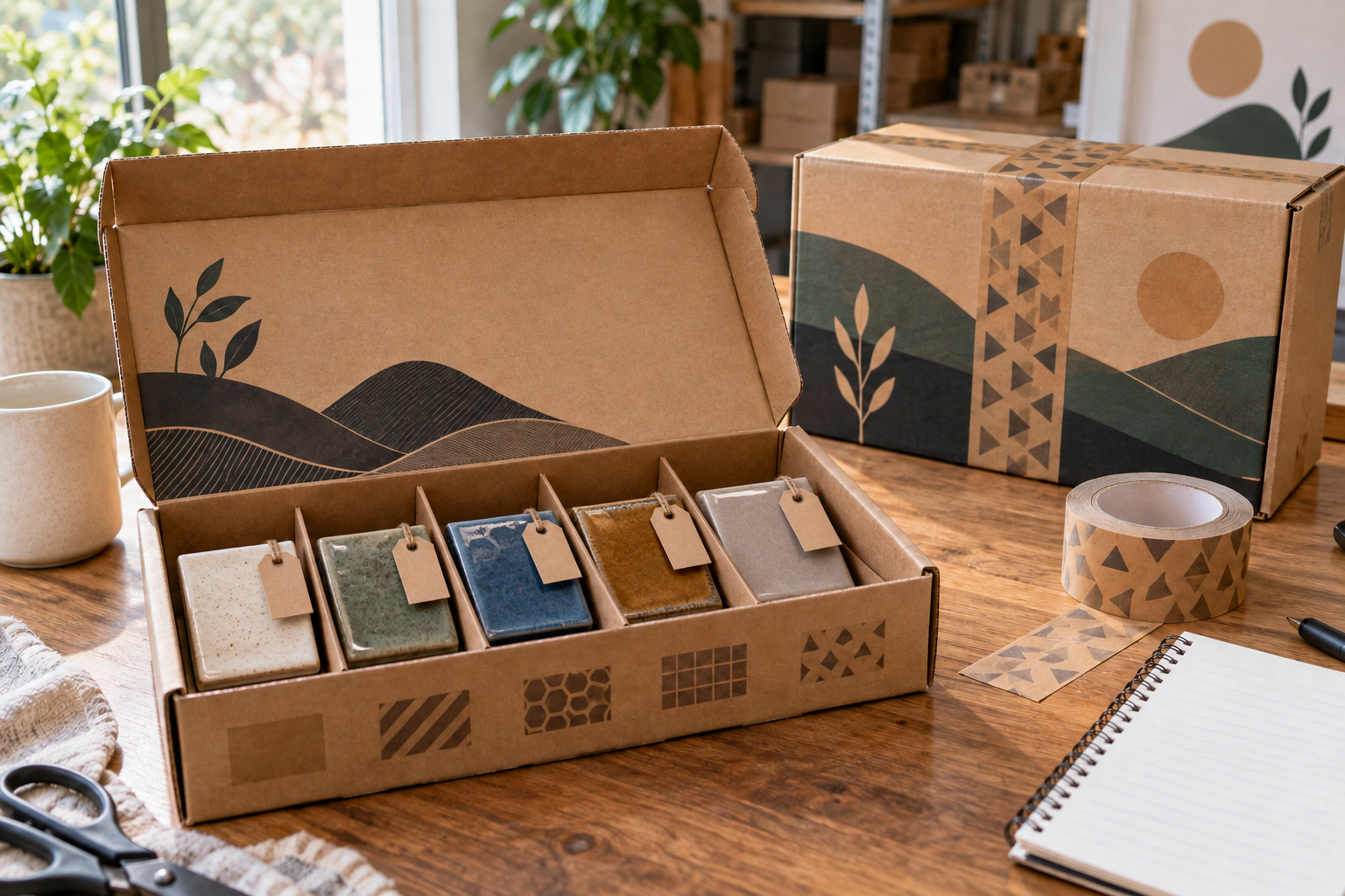 Ceramic product sample tiles in an identified kit with printed tape on the outer shipping carton