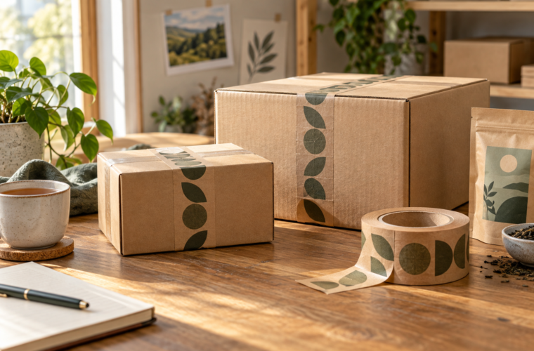 Small subscription carton and larger retail carton beside tea packaging and kraft tape