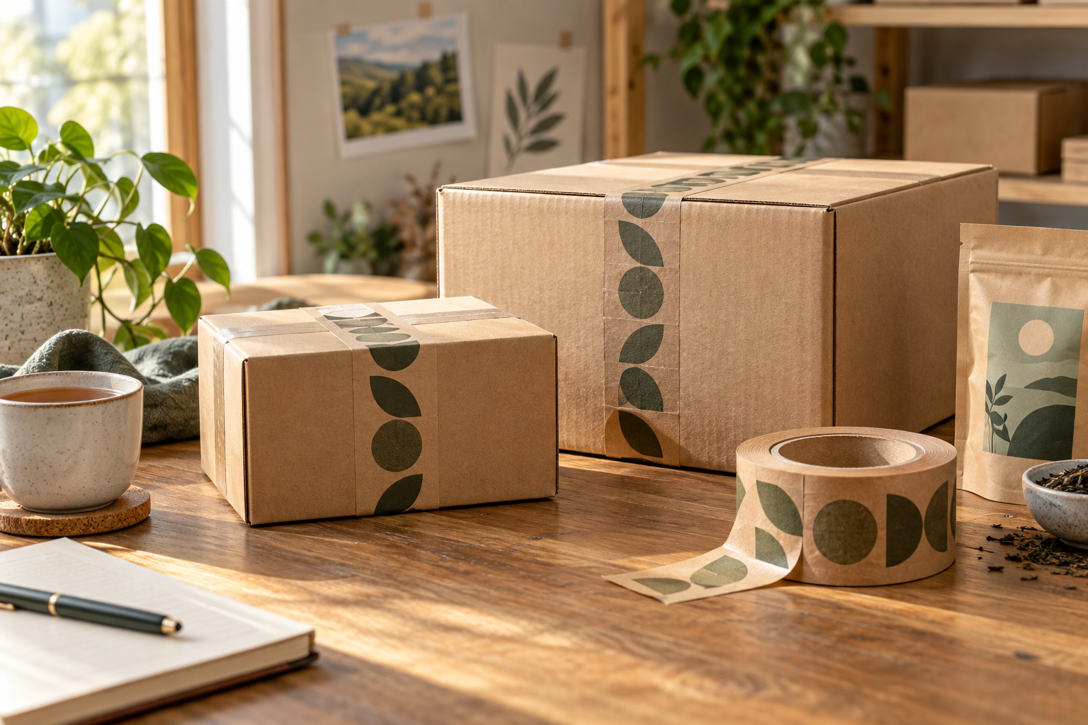 Small subscription carton and larger retail carton beside tea packaging and kraft tape
