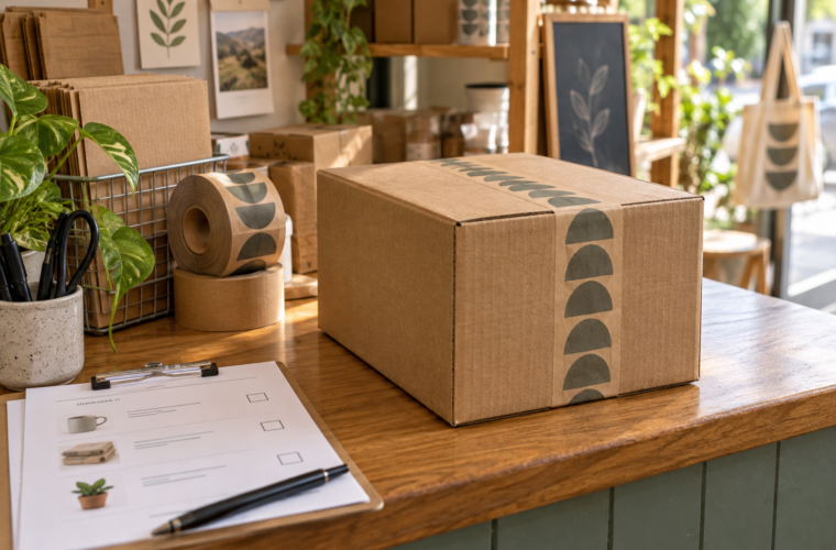 Shop counter with a packed parcel and order checklist ready for dispatch