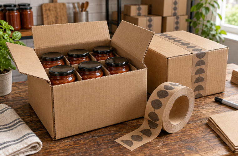 Sealed sauce jars separated inside an outer corrugated carton beside printed kraft tape