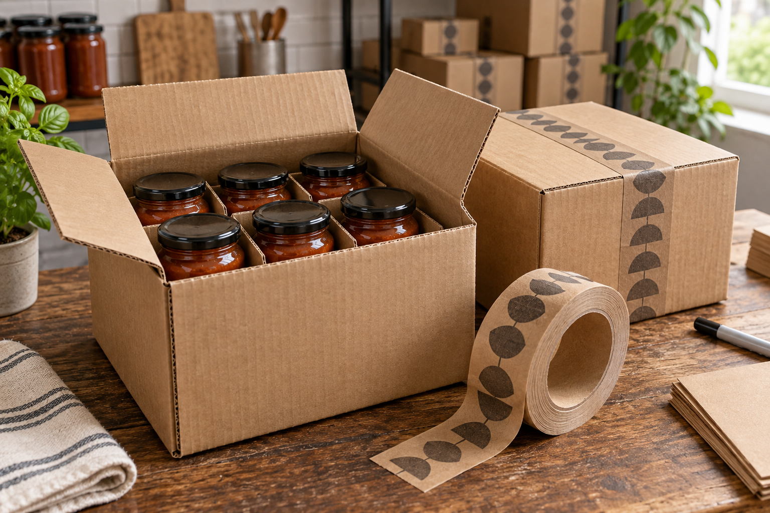 Sealed sauce jars separated inside an outer corrugated carton beside printed kraft tape