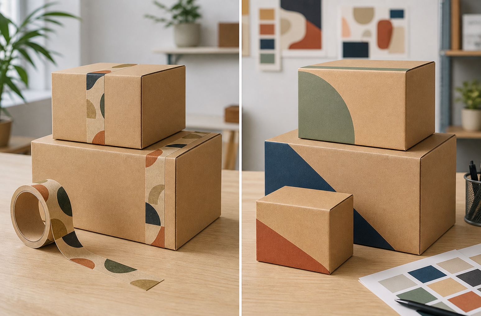 Custom packing tape and custom printed boxes compared at a packaging workstation