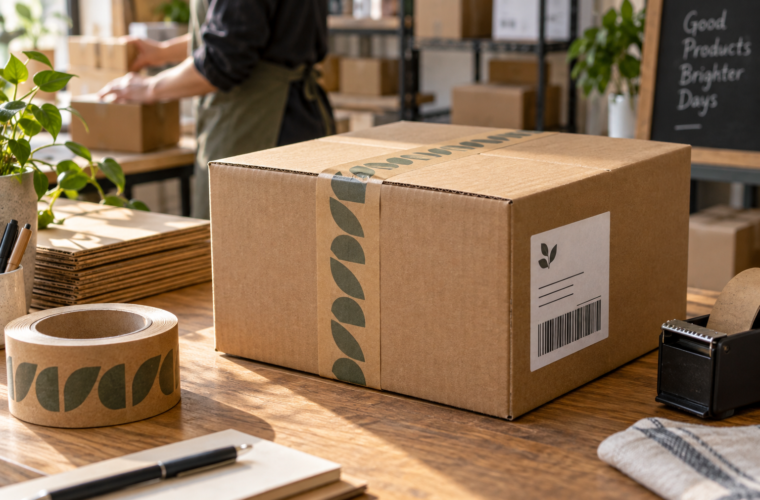 Retailer shipment carton with a separate receiving label and printed kraft tape
