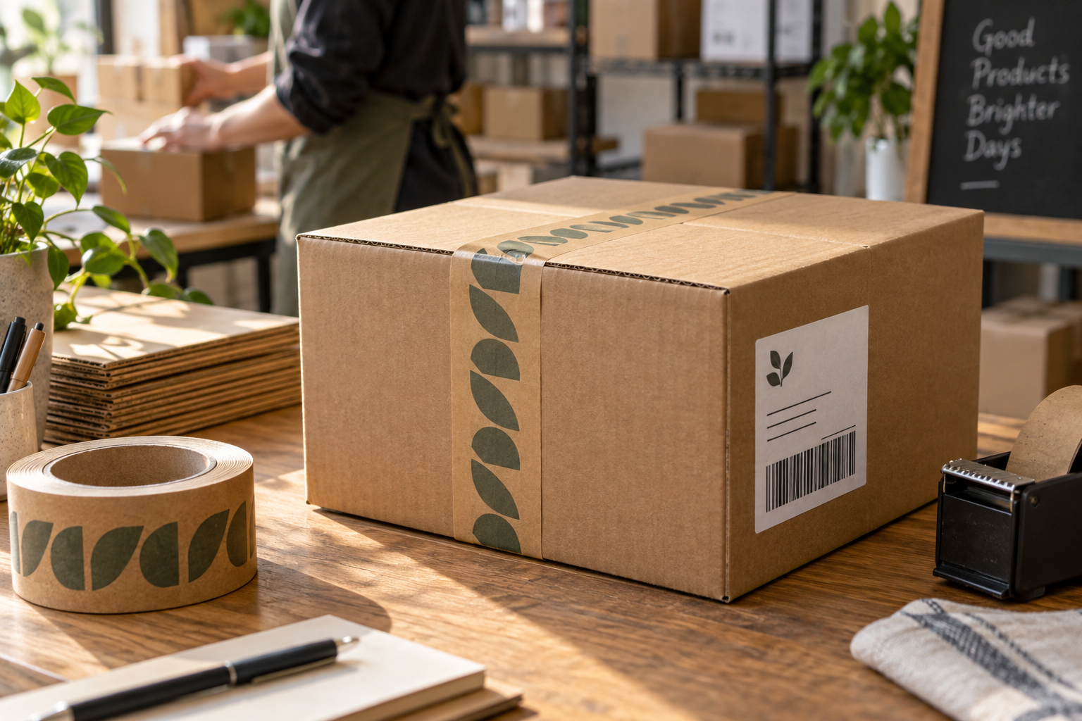 Retailer shipment carton with a separate receiving label and printed kraft tape