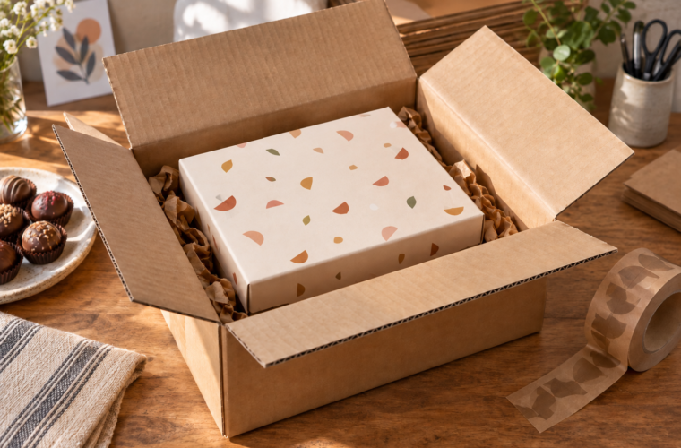 Untaped confectionery presentation box cushioned inside a separate corrugated shipping carton