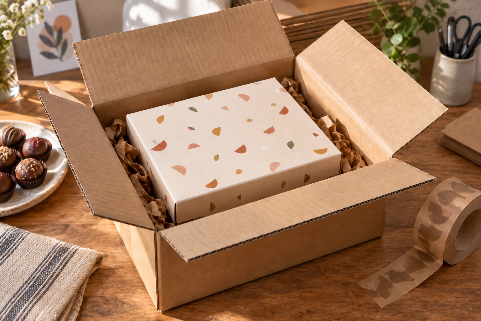 Untaped confectionery presentation box cushioned inside a separate corrugated shipping carton