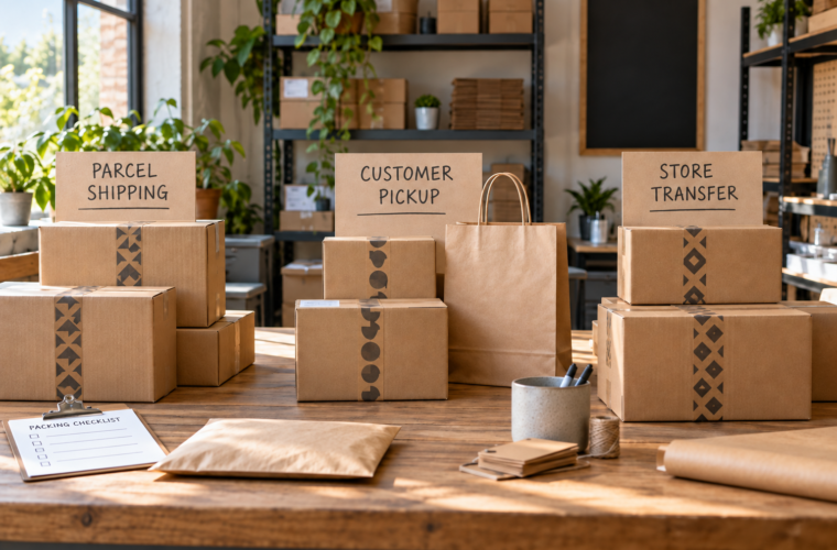 Separate parcel shipping, customer pickup and store transfer areas with appropriate packaging