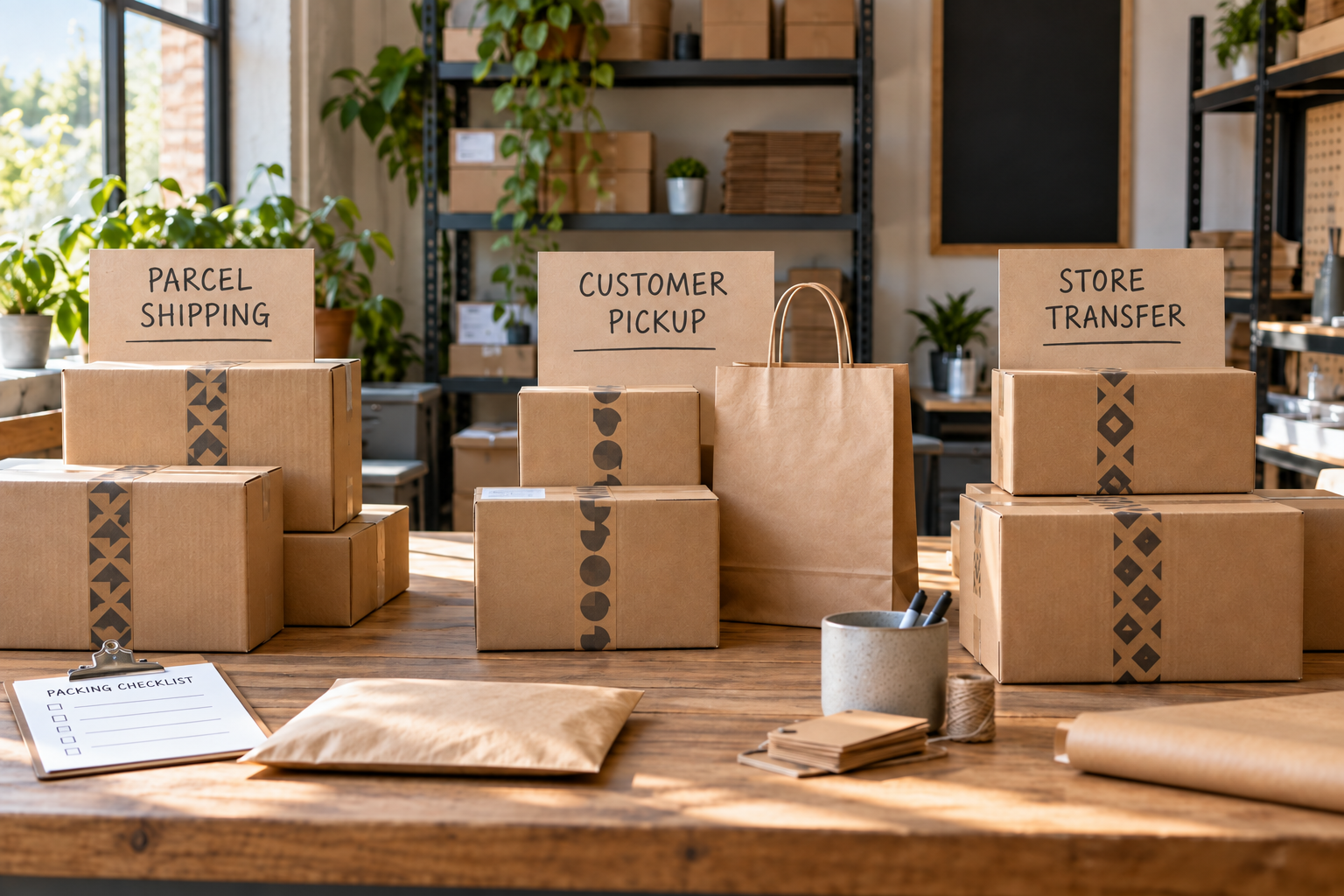 Separate parcel shipping, customer pickup and store transfer areas with appropriate packaging