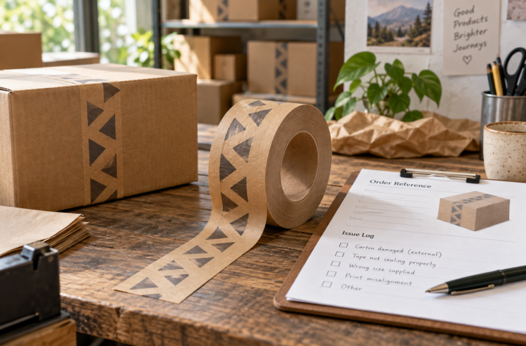 Identified kraft tape roll beside an order reference and issue checklist