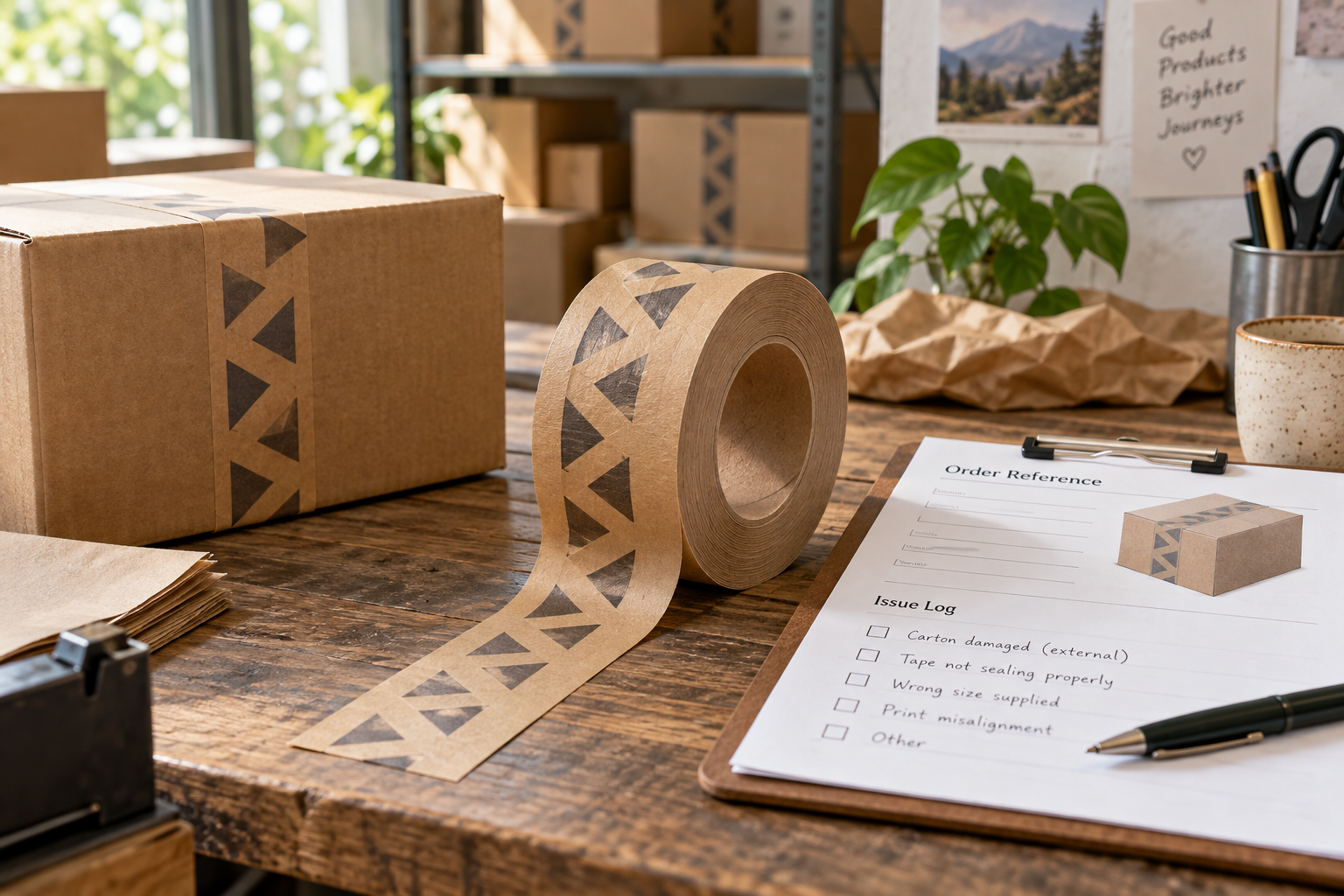 Identified kraft tape roll beside an order reference and issue checklist