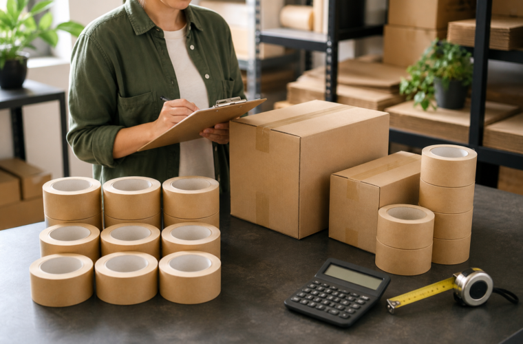Custom tape rolls beside cartons and packing measurements