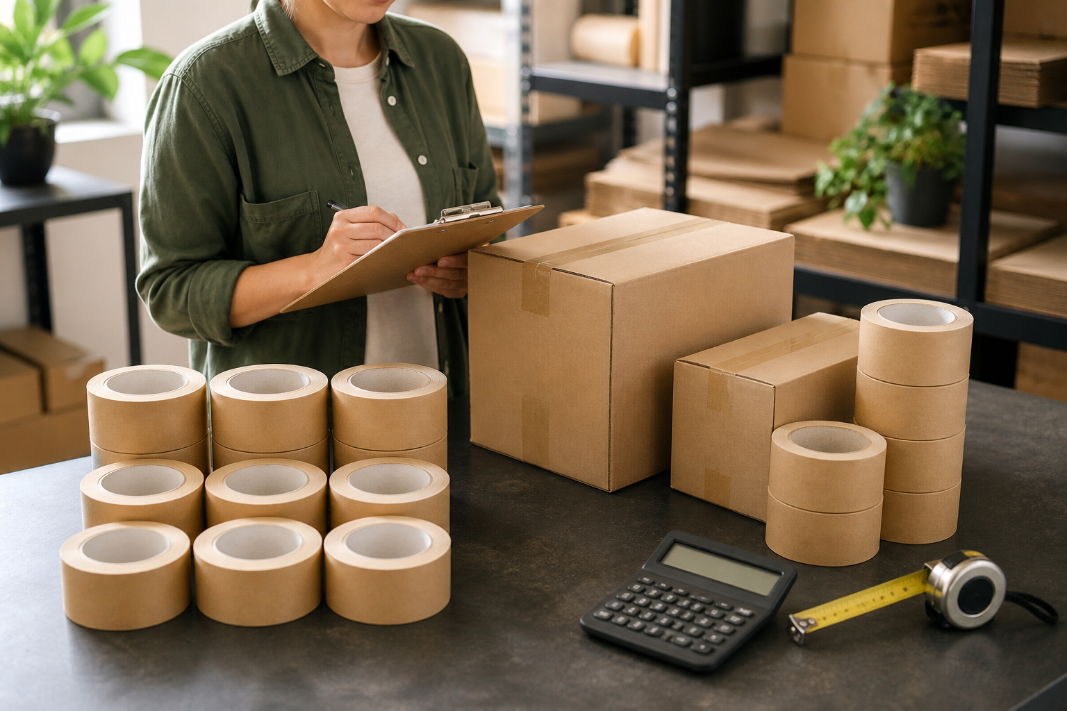Custom tape rolls beside cartons and packing measurements