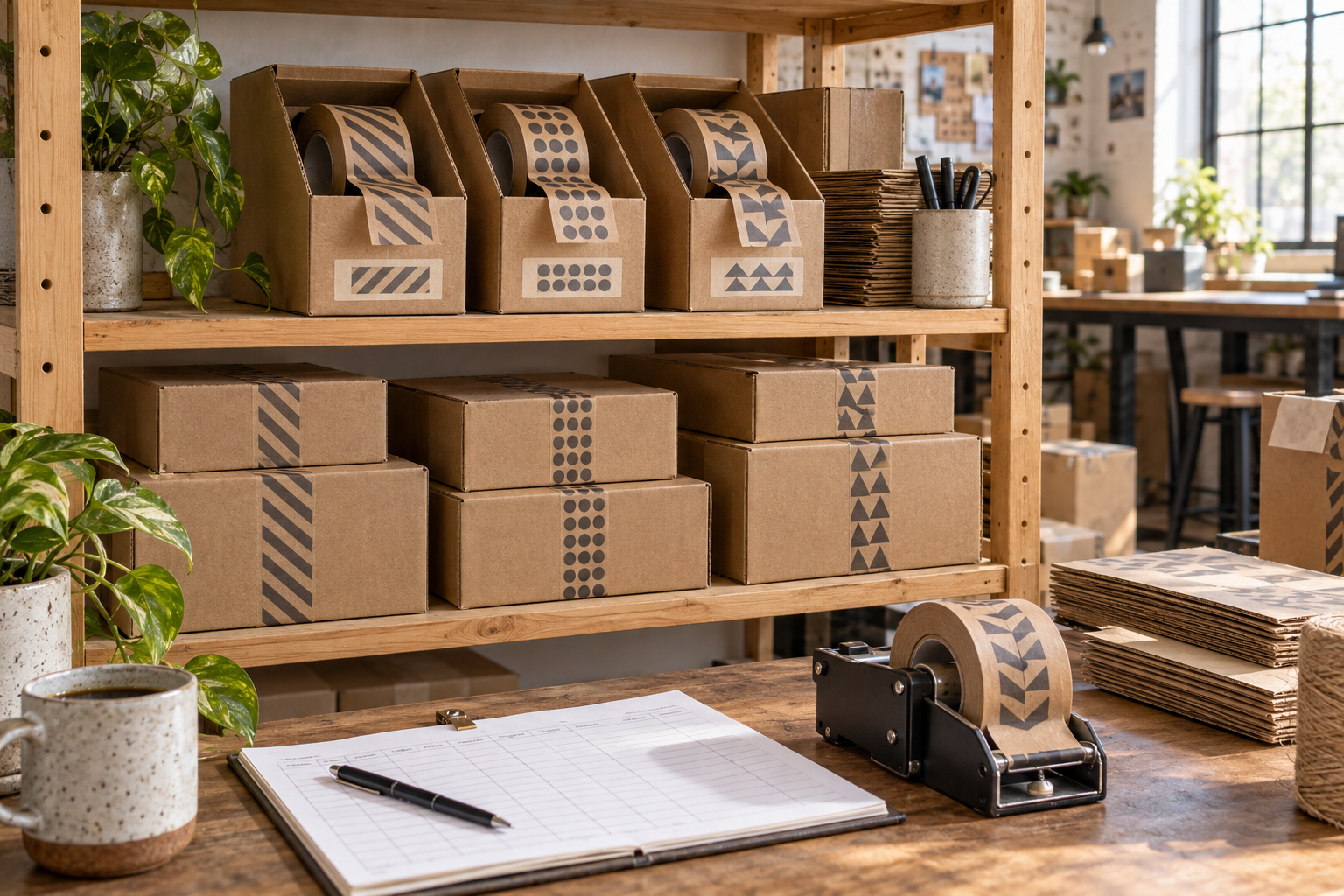 Separate maker tape supplies on a shared studio shelf beside a packing record