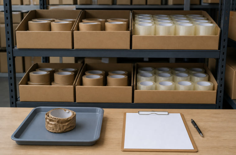 Packing tape rolls stored in labeled cartons with an inspection checklist
