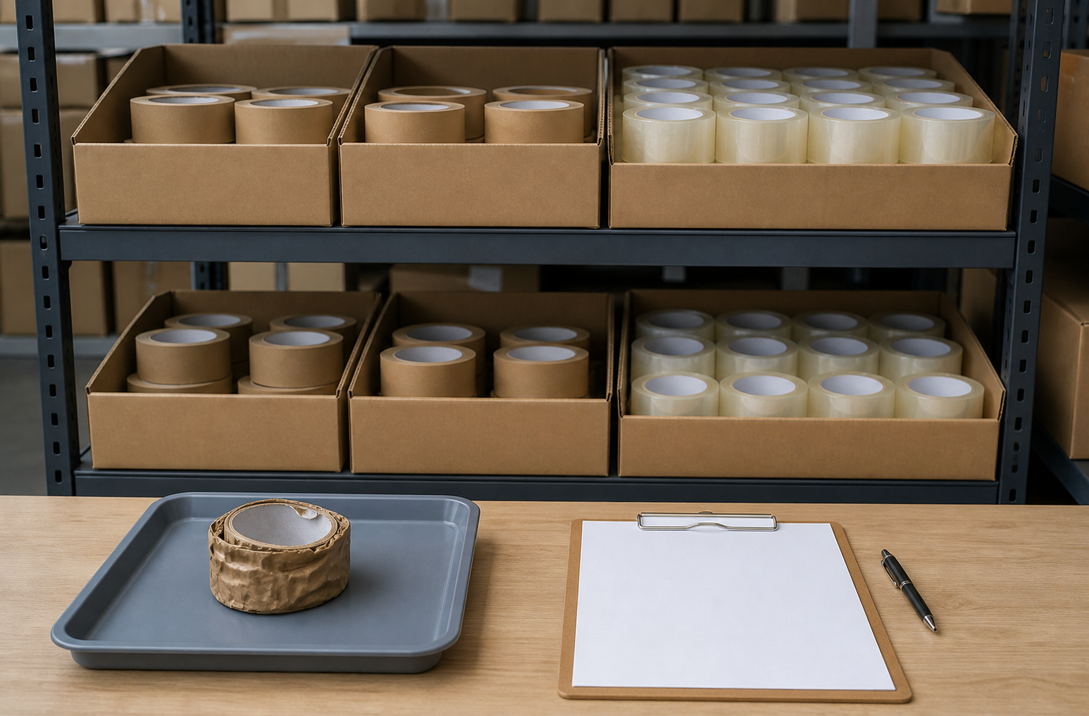 Packing tape rolls stored in labeled cartons with an inspection checklist