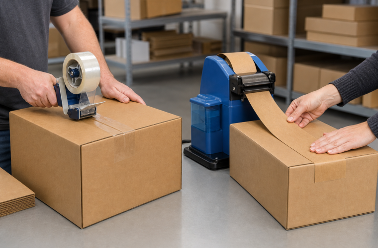 Packing tape adhesion demonstrated on corrugated shipping boxes