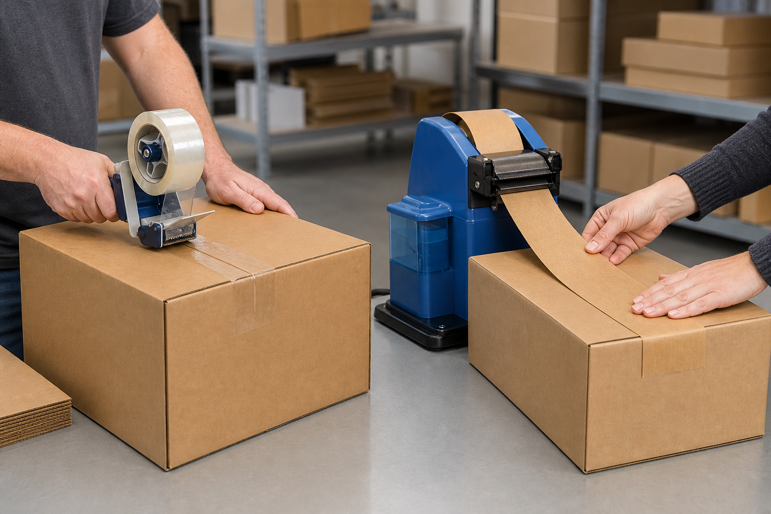 Packing tape adhesion demonstrated on corrugated shipping boxes