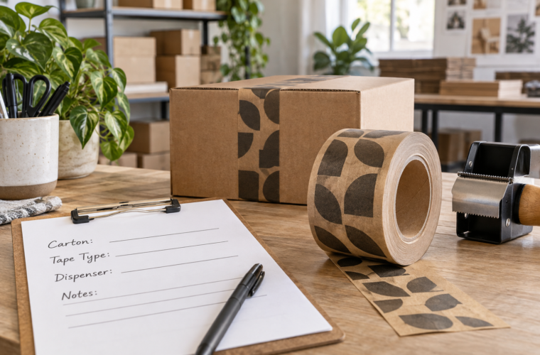 Printed kraft tape beside a checklist for carton, tape type and dispenser review