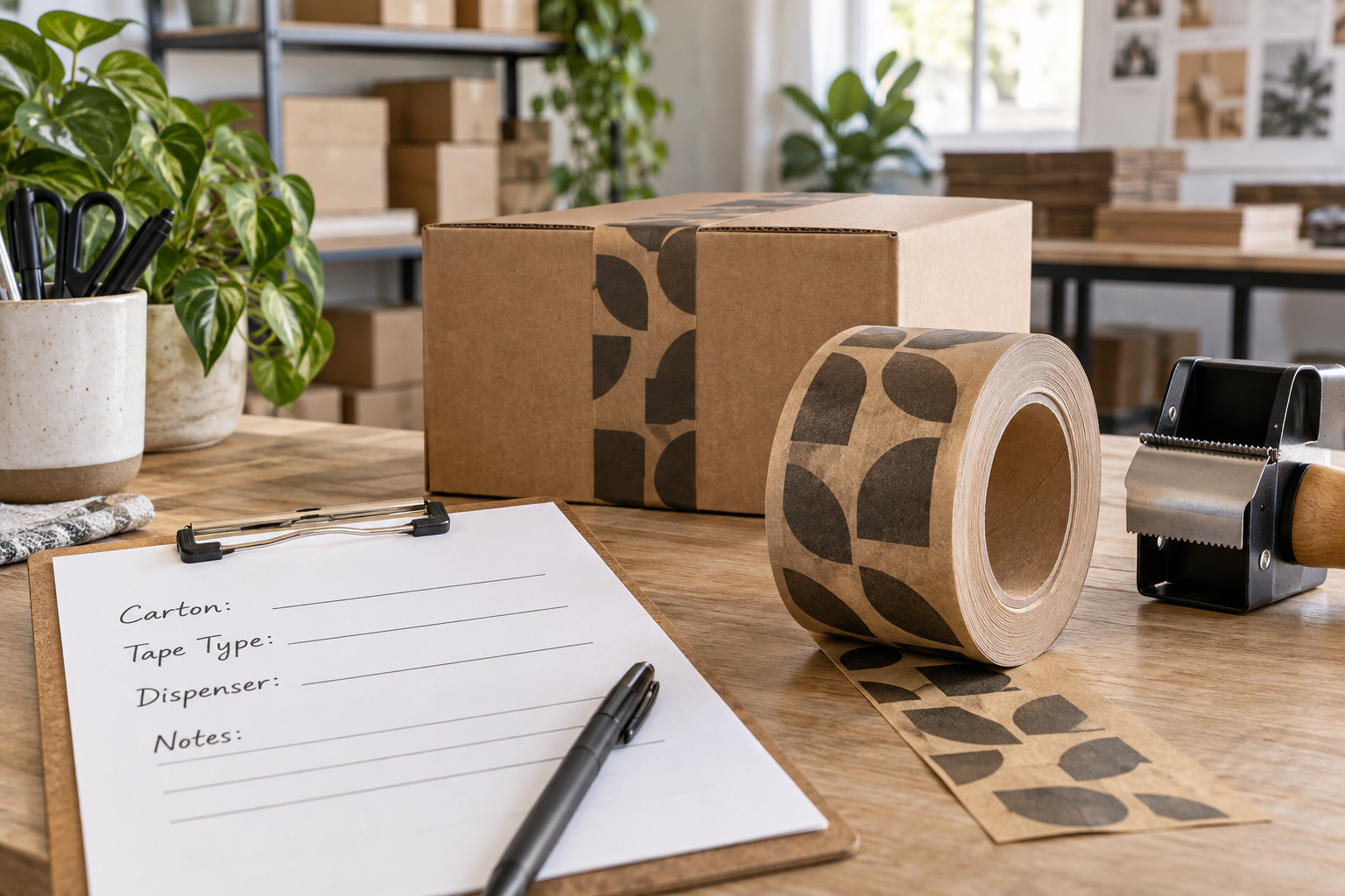 Printed kraft tape beside a checklist for carton, tape type and dispenser review