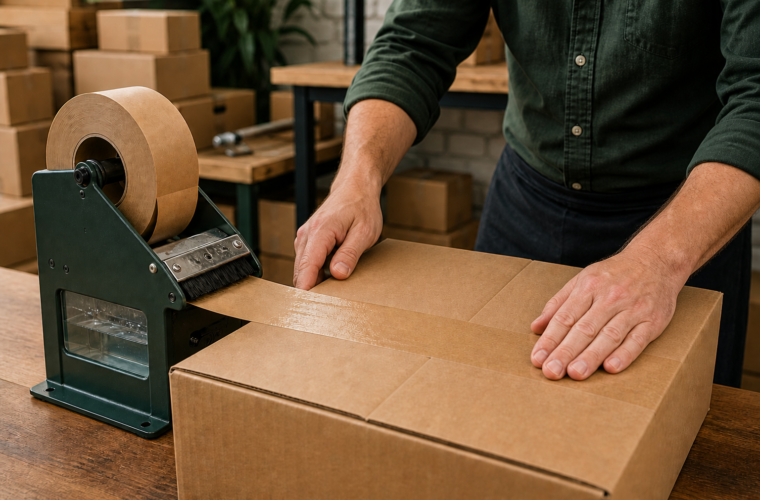 Water-activated kraft paper tape being dispensed and applied to a corrugated box