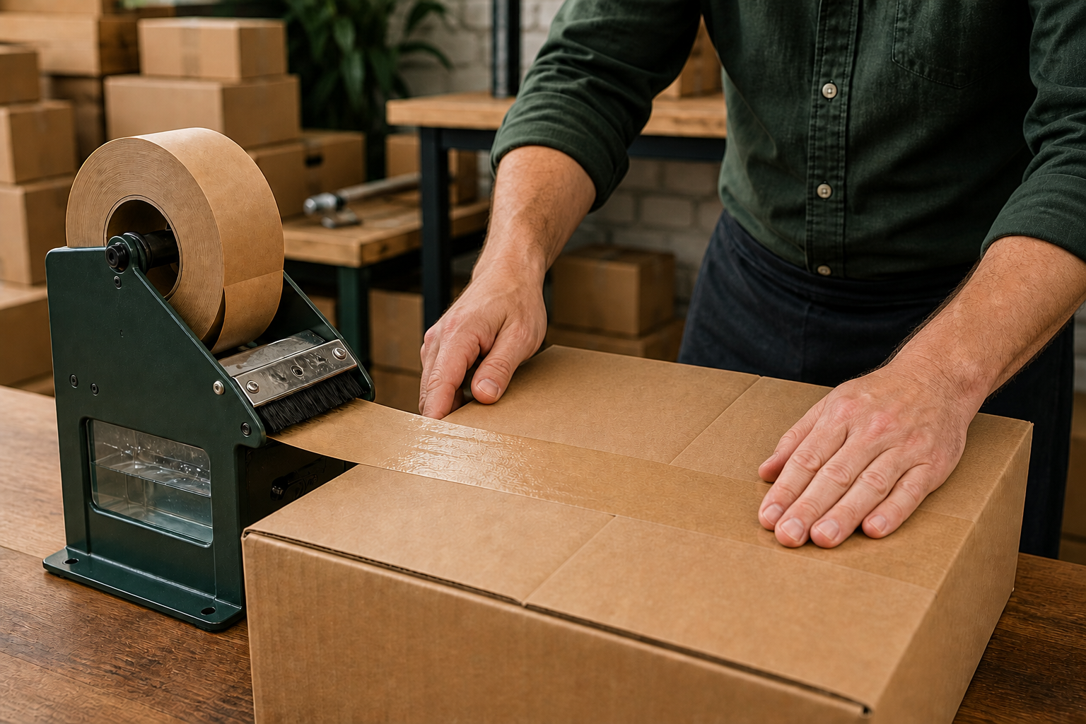 Water-activated kraft paper tape being dispensed and applied to a corrugated box