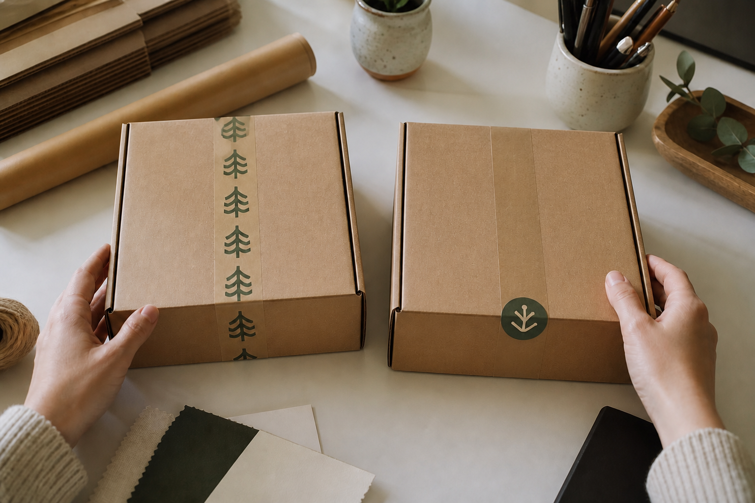 Comparison of logo packing tape and box stickers on shipping cartons