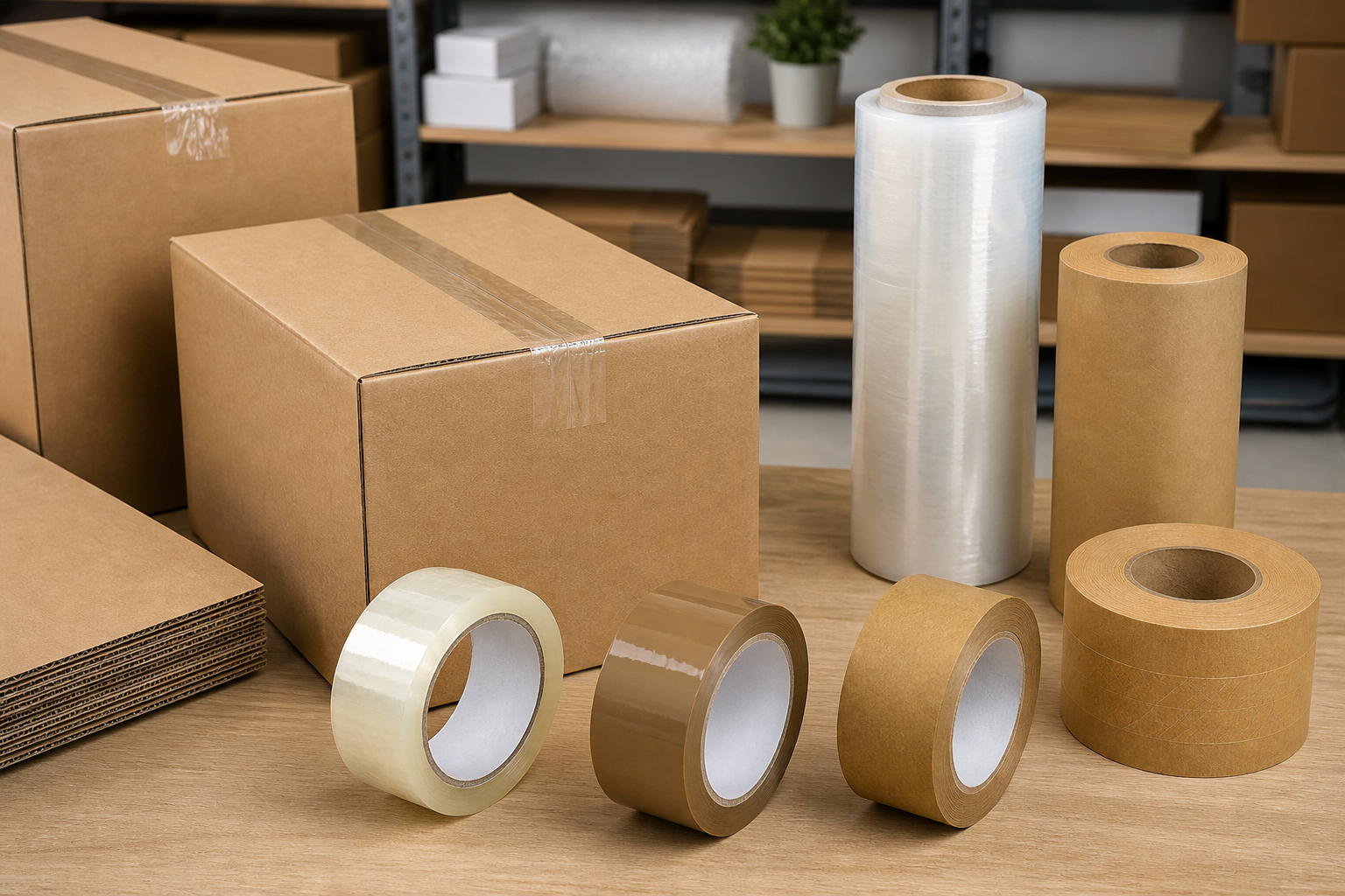 Mailing tape packing tape and shipping tape compared beside corrugated boxes