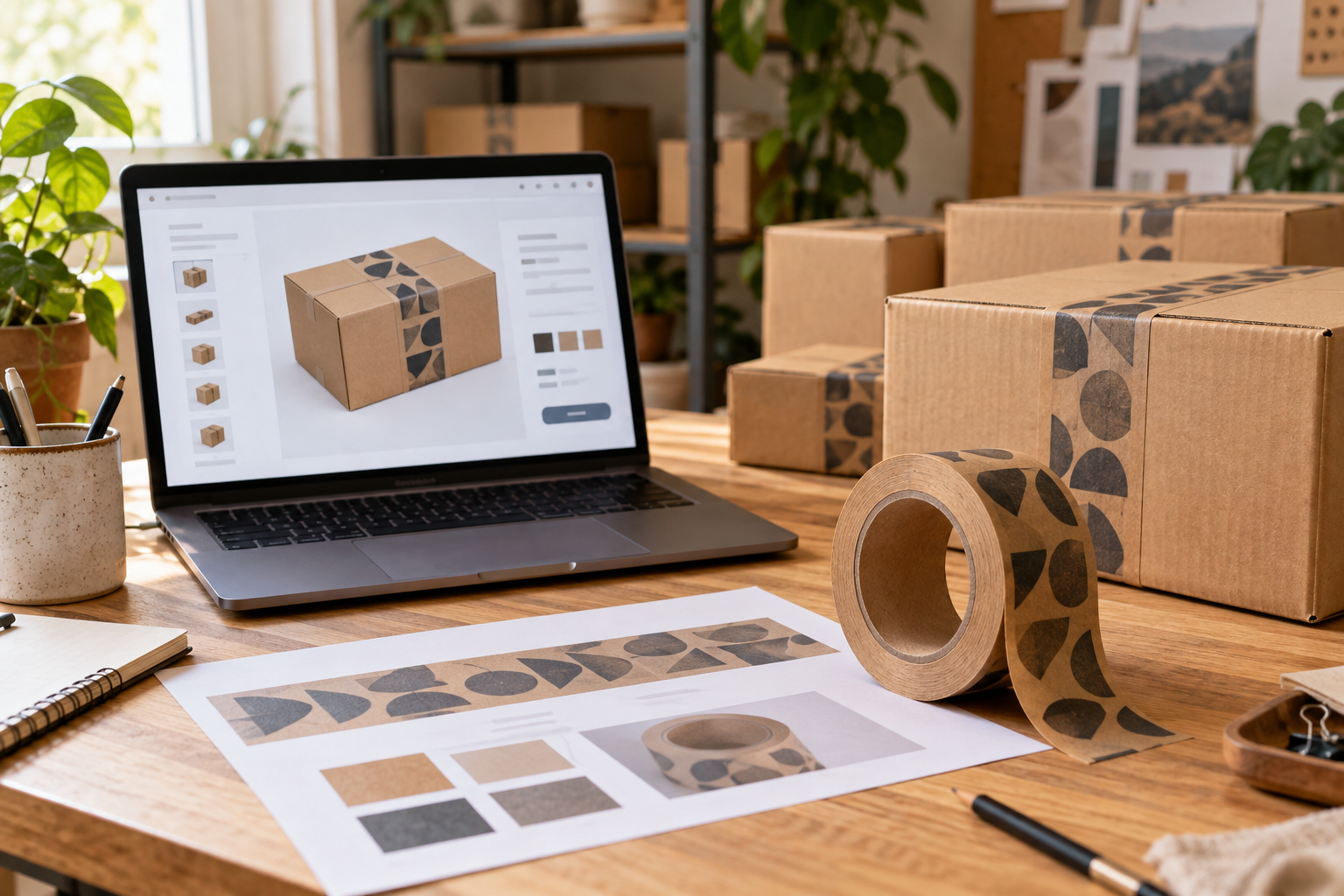 Online tape configuration on a laptop beside an artwork proof and printed kraft roll