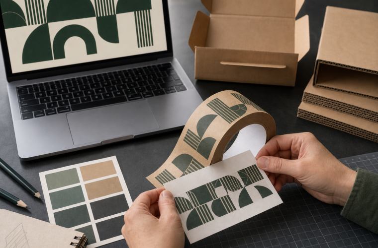 Printed kraft paper tape design on a natural brown background