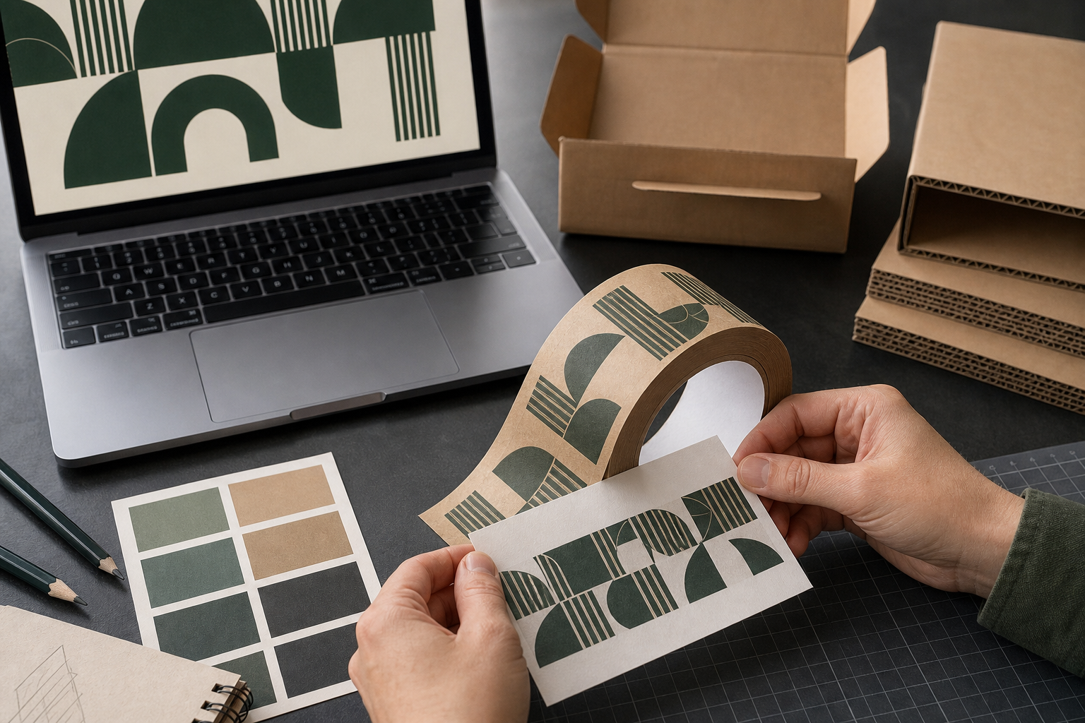 Printed kraft paper tape design on a natural brown background
