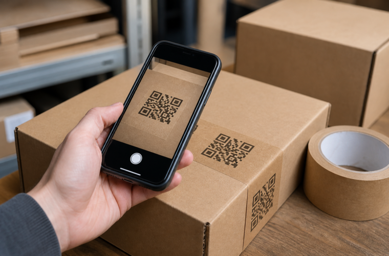 Smartphone testing a QR code printed on kraft packaging tape