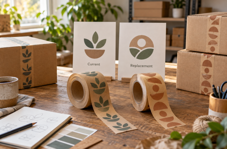 Old and replacement artwork references beside separately identified kraft tape designs