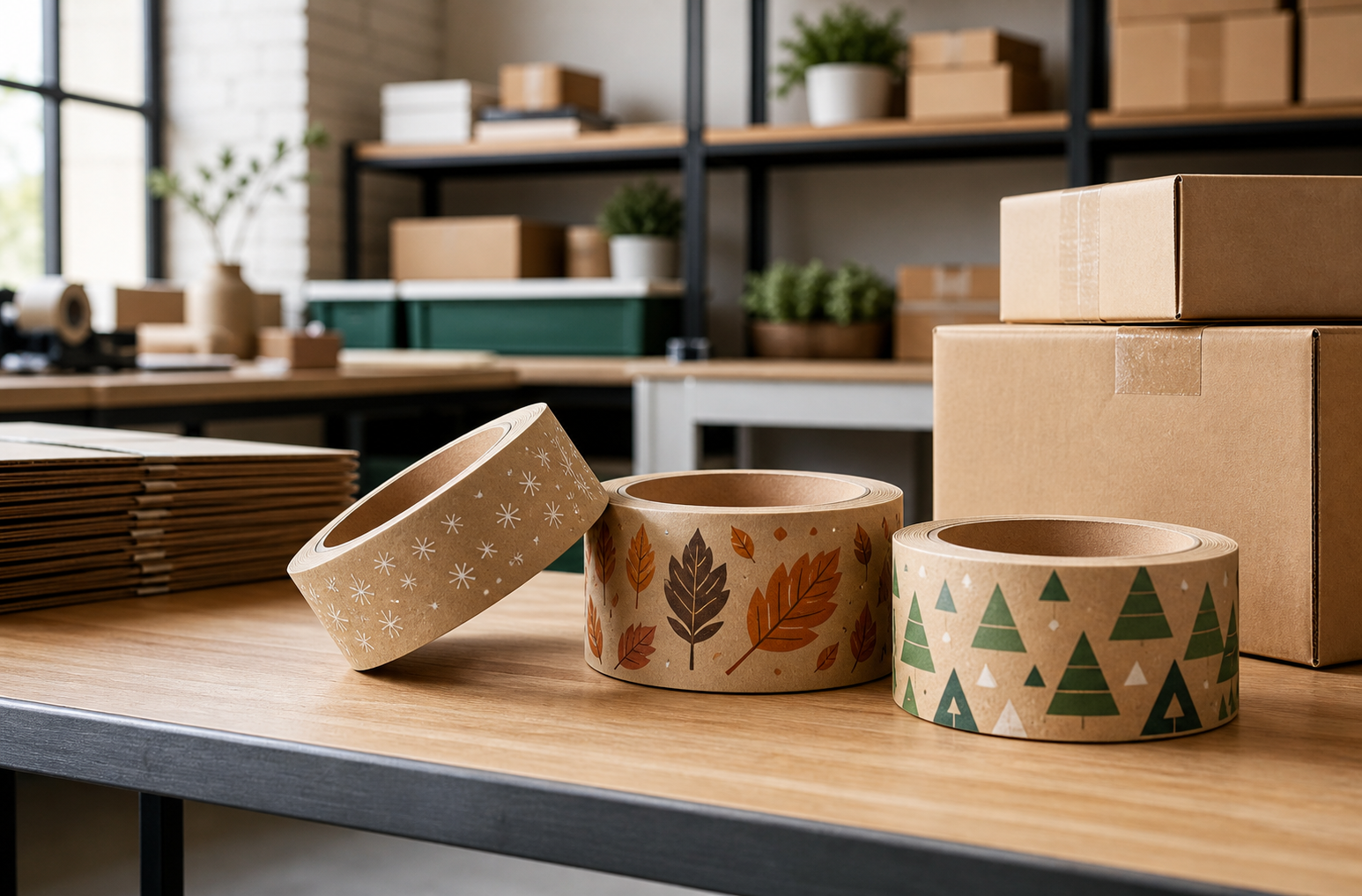 Seasonal custom packaging tape artwork planning at a packing table