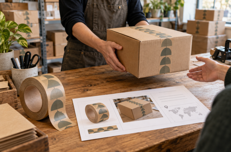 Carton handoff beside a fulfillment instruction sheet showing tape and packing references