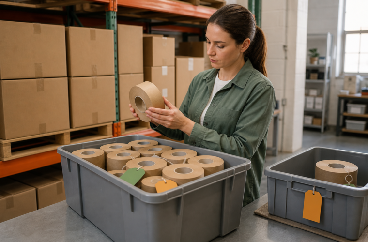 Protected water-activated tape rolls organized in warehouse storage