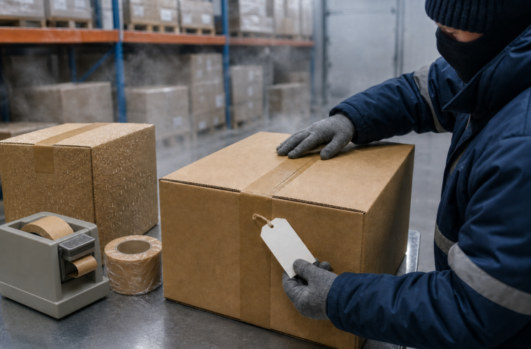 Water-activated tape test on cartons in a cold and humid warehouse