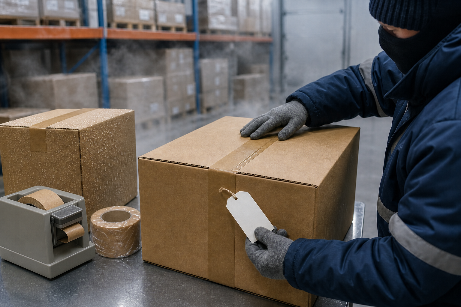 Water-activated tape test on cartons in a cold and humid warehouse
