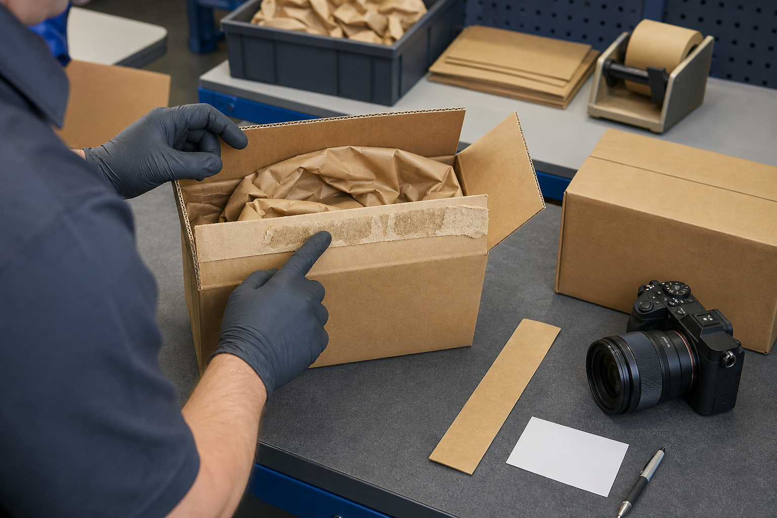Returns workstation inspecting a disturbed carton seal before resealing