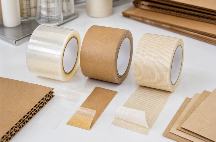 Packing tape material layers including paper film adhesive and reinforcement