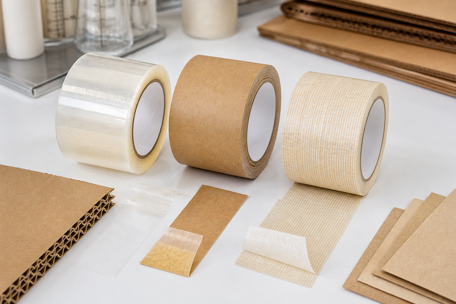 Packing tape material layers including paper film adhesive and reinforcement