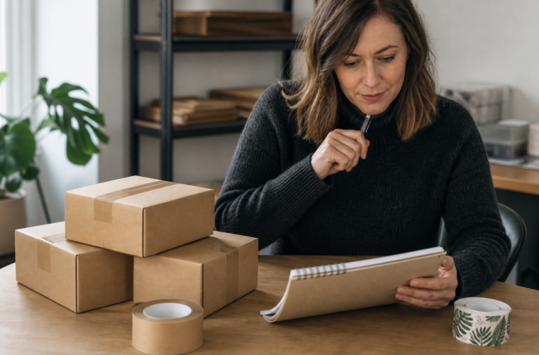 Small business packing station evaluating custom tape for shipping boxes